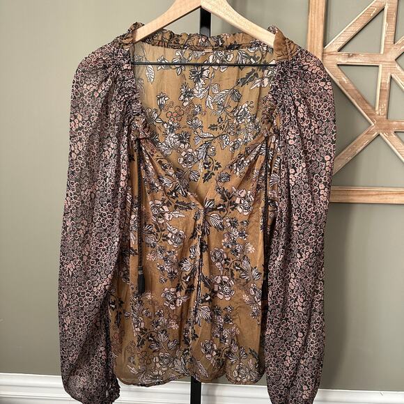 Free People Hendrix Floral Split Neck Tassel Ties Blouse Boho Tunic Size S - Picture 3 of 6